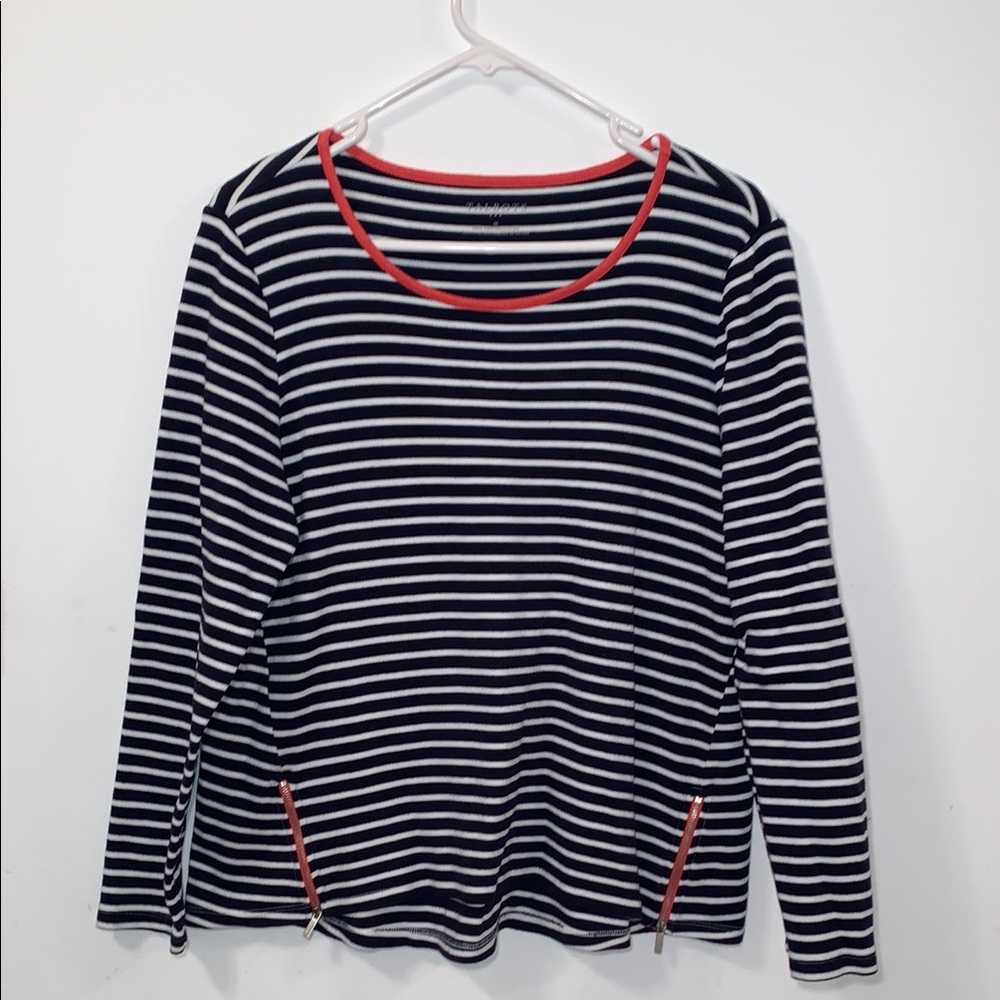 Talbots cotton Striped Long Sleeve Top with Red Accents